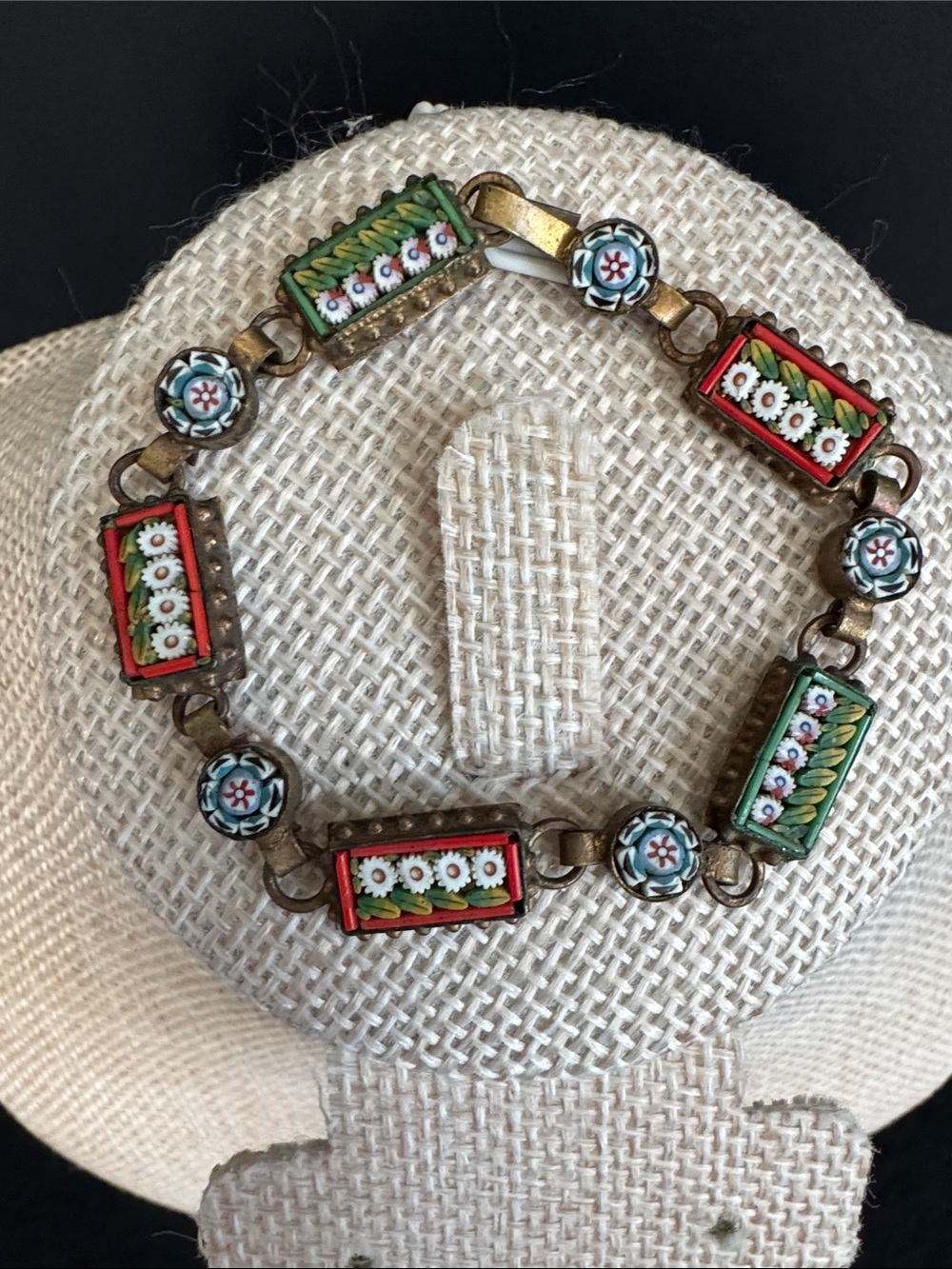 VTG Italian Micro Mosaic Link Bracelet Floral Millefiori Design Brass Tone - Picture 1 of 5